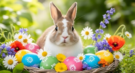 Cute Easter bunny sitting in nest with colorful decorated eggs and blooming spring flowers, adorable rabbit in festive seasonal nature background
