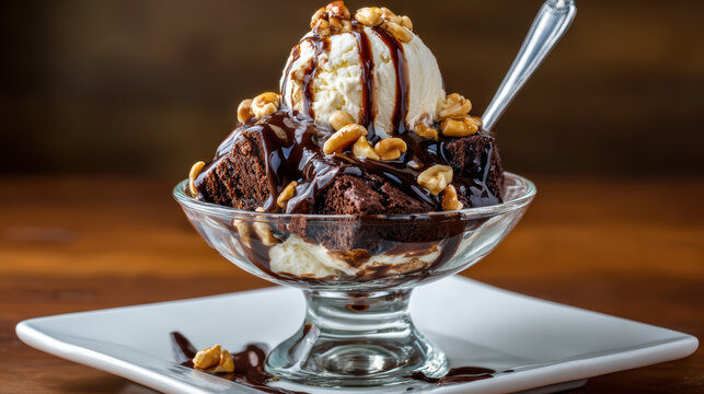 brownie sundae with hot fudge and vanilla ice cream