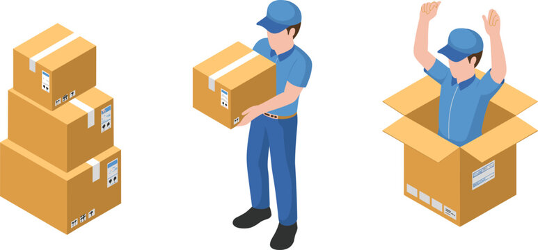 Isometric courier delivery illustration with stacked cardboard boxes, worker carrying parcel and creative package surprise concept