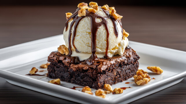 brownie sundae with hot fudge and vanilla ice cream