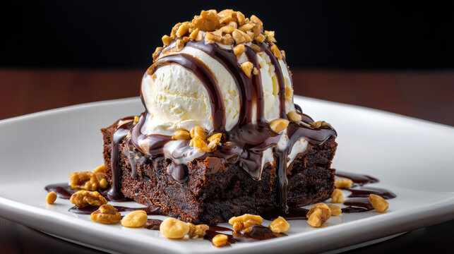 brownie sundae with hot fudge and vanilla ice cream