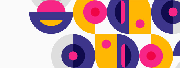 Obraz premium Abstract geometric shapes, vibrant colors, playful design. Circles, arcs, dots create modern visual pattern.