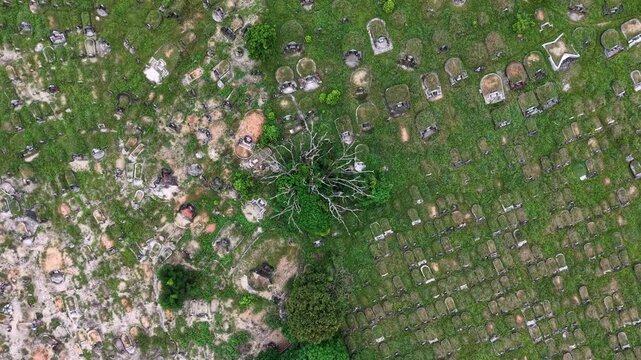 Aerial drone view of Chinese cemetery Penanti graves