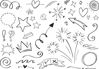 Collection of whimsical hand drawn doodles and symbols