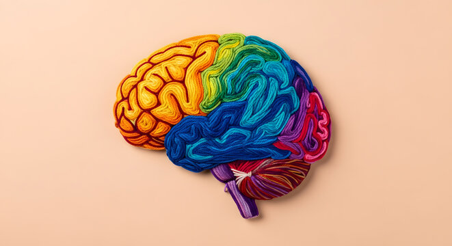 Vibrant yarn brain model representing creativity | Colorful human brain anatomy concept art | Mental health awareness and cognitive diversity visual | Neuroscience and artistic expression