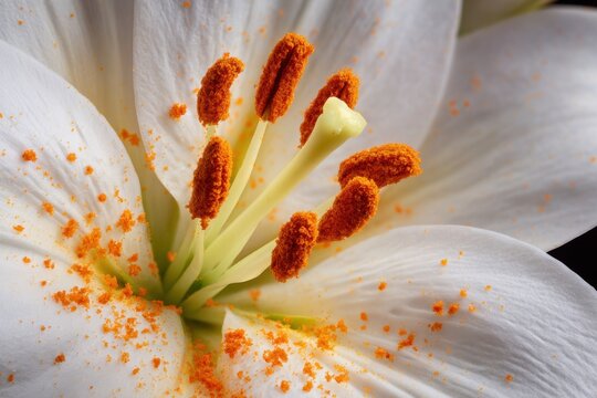 White lily flower showing stamen and pollen grains