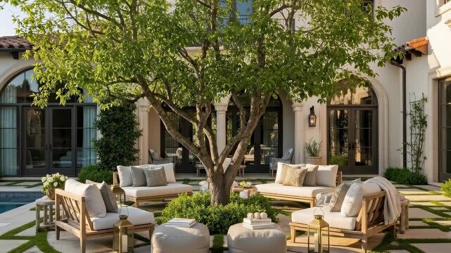 Serene luxury patio with sunlit garden and modern seating arrangement