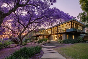 Fototapeta premium Modern luxury house surrounded by blooming jacaranda trees at dusk