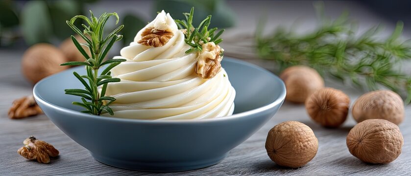 Mashed potatoes in a bowl with scattered whole potatoes on a wooden surface, captured from above using a Nikon D850 camera at f9 and iso 100