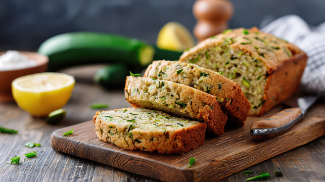 zucchini bread slices on a wooden board