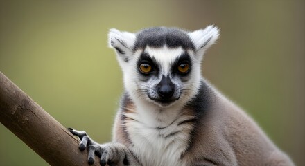 Fototapeta premium A ring-tailed lemur perches on a branch, looking directly at the camera with its distinctive markings and large eyes.