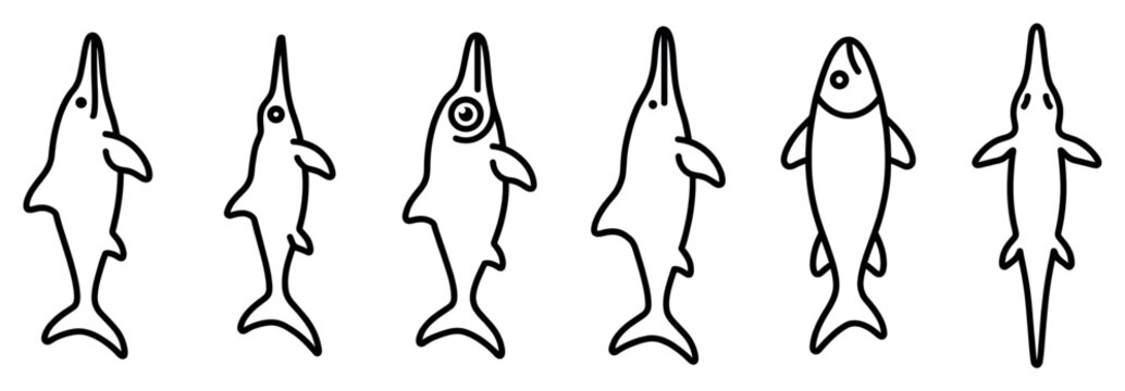 Set of six stylized ichthyosaur or dolphin icons in a minimalist black line art style, showcasing a collection of simple marine animal symbols from a top-down view