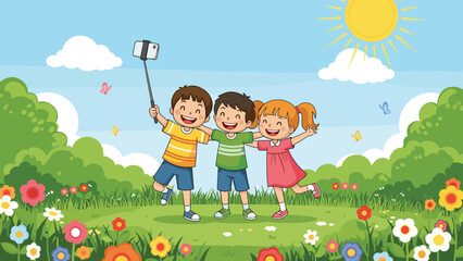 Obraz premium Group of three happy friends take a selfie using a selfie stick while enjoying a sunny day in a colorful flower park with butterflies.
