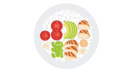 A top-down vector illustration shows a white ceramic bowl filled with rice topped with grilled chicken breast slices avocado tomato and edamame.