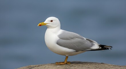 Fototapeta premium A seagull stands on a rock in front of a blurred blue background, looking alert and serene.