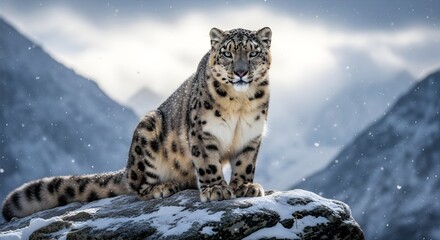 Fototapeta premium A snow leopard sits majestically on a rocky outcropping in a snowy mountain landscape.