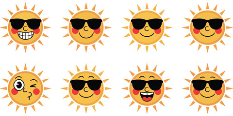 Cute sun emoji set wearing cool sunglasses, vector illustrations expressing various happy emotions, yellow sunshine character mascots for summer vacation, hot weather, fun, leisure, and creative 