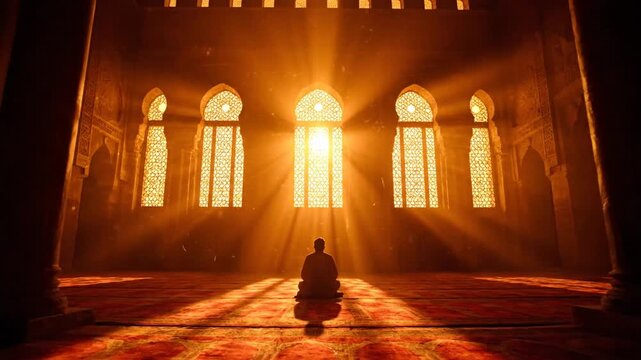 A serene figure kneeling in prayer inside a mosque with sunlight streaming through arched windows onto the patterned carpet