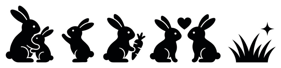 Fototapeta premium Black rabbit silhouette icon set showing various cute poses including a mother and baby, a bunny with a carrot, and a couple in love with a heart symbol