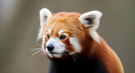Fototapeta premium A red panda with a curious expression looks directly at the camera in a close-up portrait.