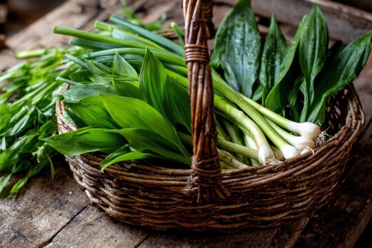 Rustic basket filling with fresh wild garlic and spring onions