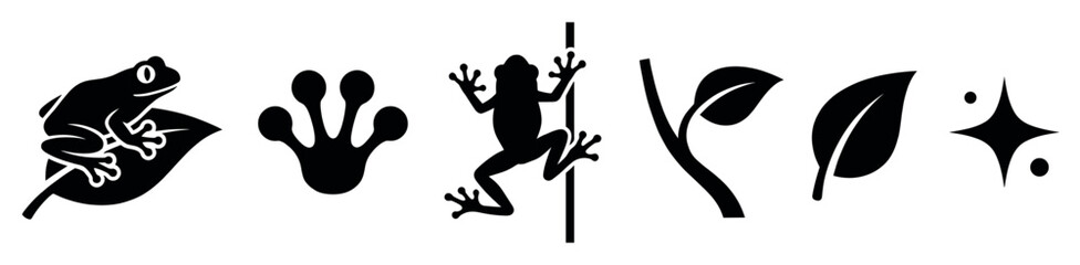 Naklejka na ściany i meble Set of black graphic frog icons featuring an amphibian on a leaf, a climbing frog, a paw print, a plant stem, and a sparkle symbol in a minimalist vector illustration style