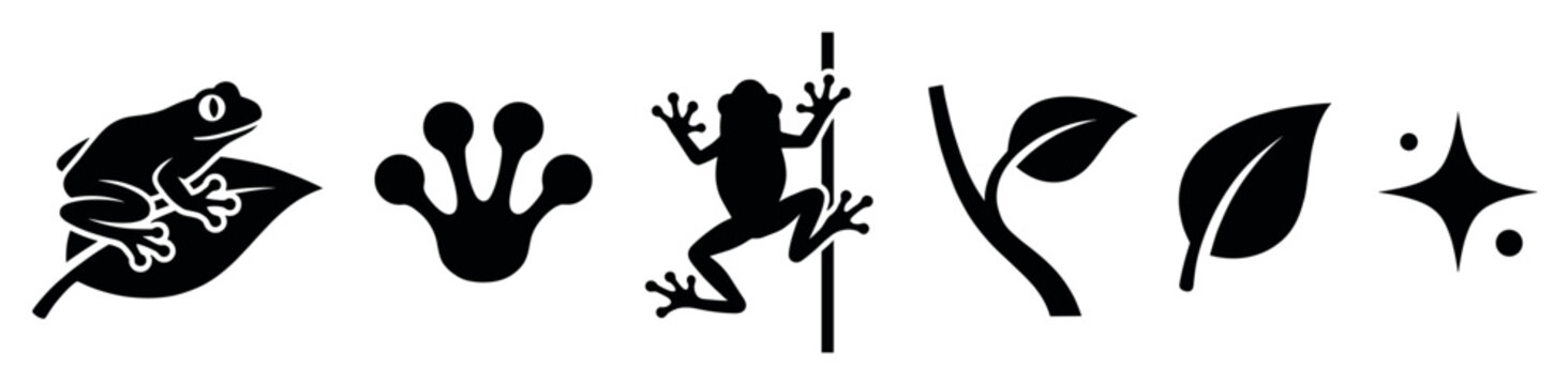 Set of black graphic frog icons featuring an amphibian on a leaf, a climbing frog, a paw print, a plant stem, and a sparkle symbol in a minimalist vector illustration style