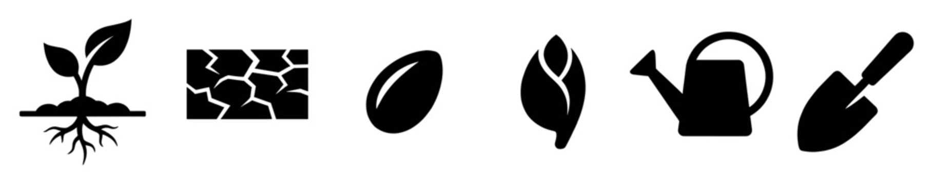 Set of black gardening icons showing plant growth stages and tools, including a sprout with roots, dry soil, a seed, a bud, a watering can, and a trowel for planting
