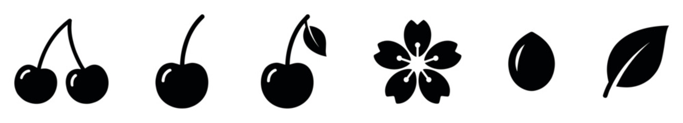 Six black silhouette icons of cherry elements, including the fruit, a five-petal blossom, a seed, and a leaf, presented in a minimalist and modern graphic design set