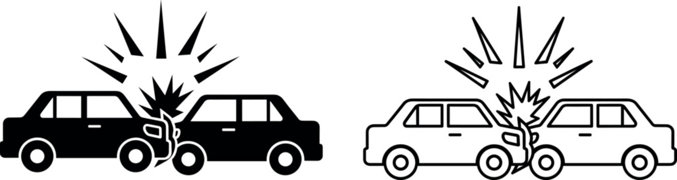 Two cars colliding in a stylized black and white vector illustration depicting impact, crash, and road accident scene.