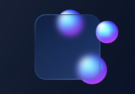 Deep navy abstract background with translucent rounded square panel and vibrant blue to purple gradient spheres.