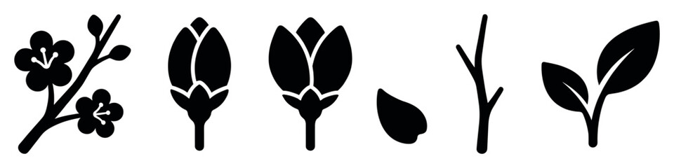 Naklejka premium Collection of black floral silhouette icons showing a flowering branch, various flower buds, a single petal, a bare twig, and a leafy sprig in a clean, graphic style