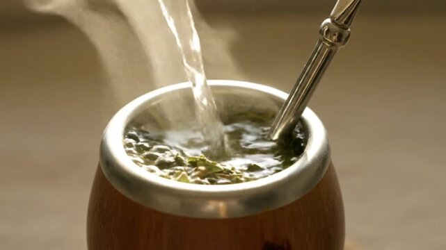 Preparing traditional yerba mate drink sequence. Hot water pours into bamboo gourd with bombilla, creating steam.