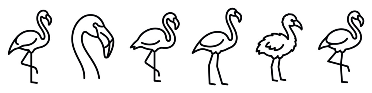 Collection of black line art flamingo icons in various poses, showcasing a minimalist and modern graphic design style for tropical and wildlife themed concepts