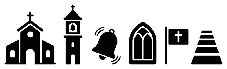 Set of black Christian church icons featuring a chapel building, bell tower, ringing bell, gothic window, religious flag with a cross, and steps leading upwards