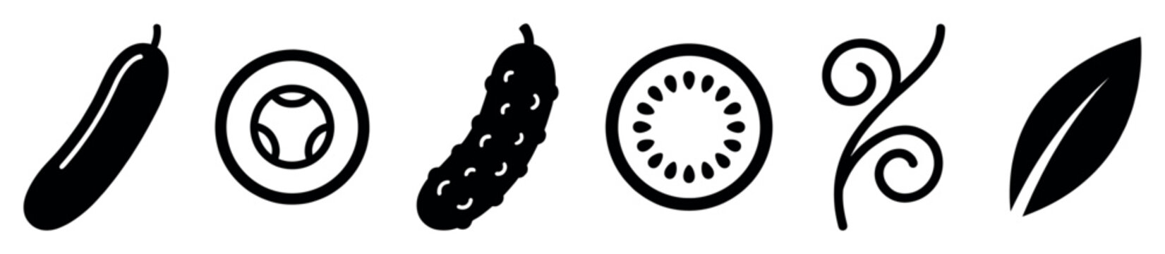 Black graphic icon set of cucumbers and pickles showing whole vegetables, cross-section slices, a leaf, and a tendril in a minimalist linear style for food concepts