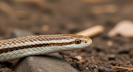 Fototapeta premium A close-up of a snake resting on a rock in a natural outdoor setting