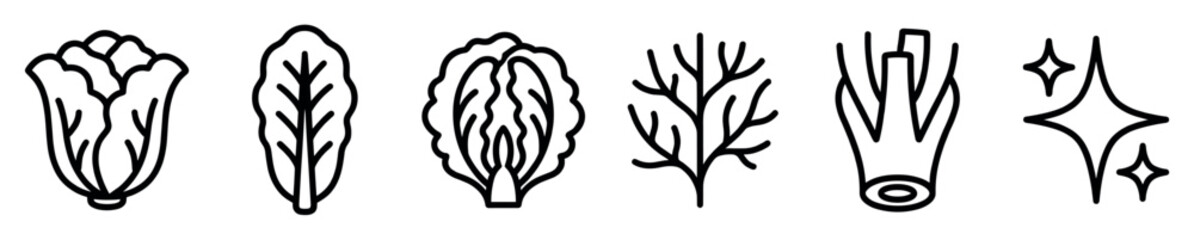 Fototapeta premium Collection of minimalist vegetable line icons showing fresh greens like cabbage, lettuce, dill, and celery with a sparkle symbol, drawn with bold black outlines