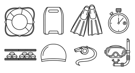 Collection of Line Art Icons for Swimming and Water Sports Equipment © Anis