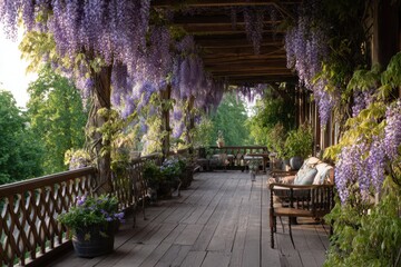 Obraz premium Wisteria covered wooden balcony with rustic furniture and potted plants