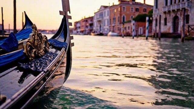 ornate black gondola prow on grand canal in venice during sunset. blurred historic buildings in background. romantic italian travel destination. tourism and vacation concept.