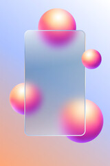 Gradient background with a translucent rounded rectangle panel and vibrant spheres with a pink to orange gradient. Modern vertical template in the glass morphism style.
