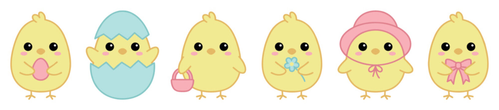 Set of six cute yellow chicks celebrating Easter with eggs, a basket, a flower, and a bonnet in a sweet kawaii cartoon illustration style