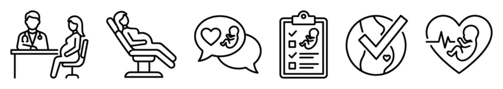 Pregnancy and prenatal care line icon set showing doctor consultation, fetal heartbeat, medical examination, and health checklist for maternity concepts