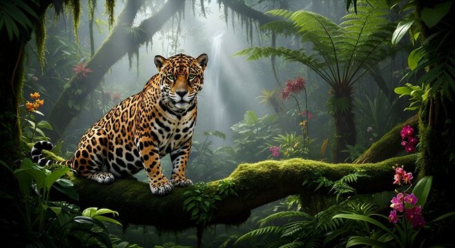 A majestic leopard sits on a mossy tree branch in a lush tropical rainforest with vibrant greenery and colorful flowers.