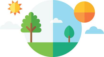 Fototapeta premium Day and night cycle with trees and sun isolated on transparent background, Vector, illustration