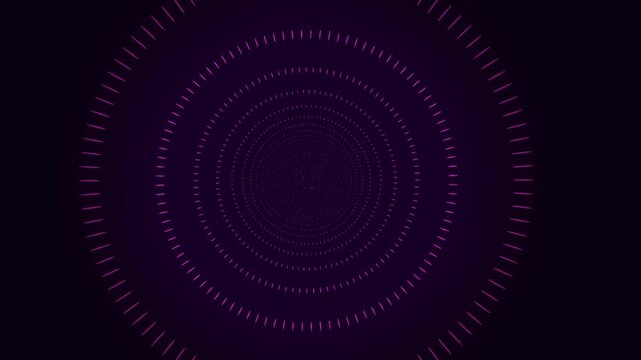 Abstract futuristic neon tunnel background with purple and magenta dashed lines forming a digital vortex