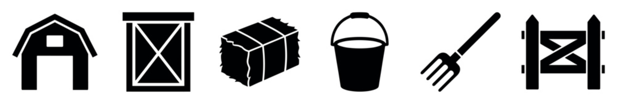 Set of black farm-themed icons including a barn, door, hay bale, bucket, pitchfork, and fence gate in a simple graphic silhouette style for agricultural concepts