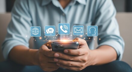 Person holding smartphone with communication floating above mobile