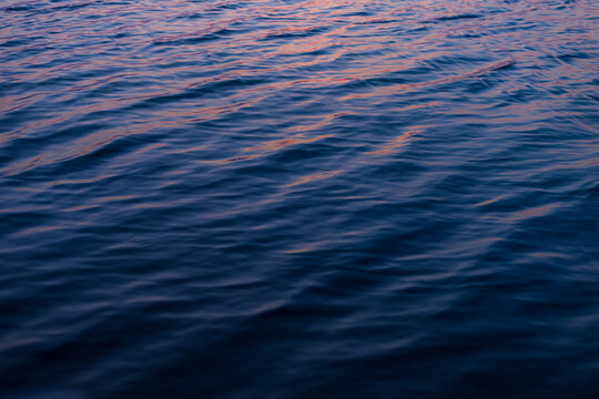 Deep Blue Water Ripples with Pink Sunset Reflections,Close-up of calm water surface with gentle ripples reflecting the soft pink and purple hues of a sunset sky. A peaceful and atmospheric nature.